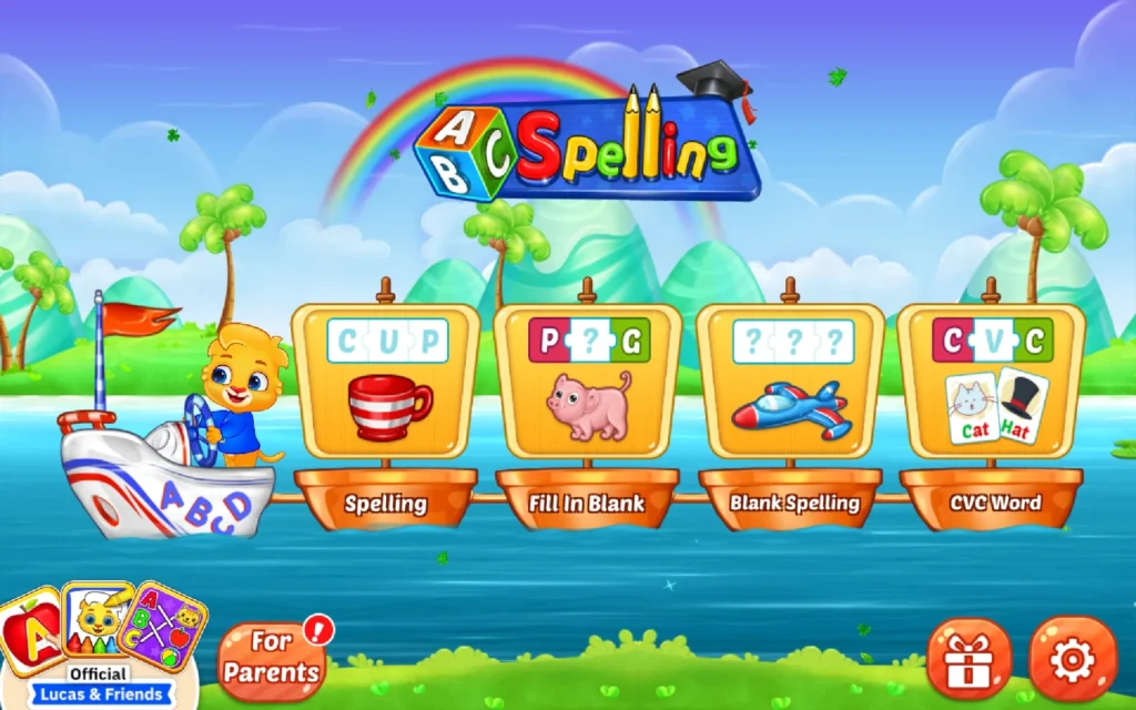 الصفحة الرئيسية في تطبيق abc Spelling 