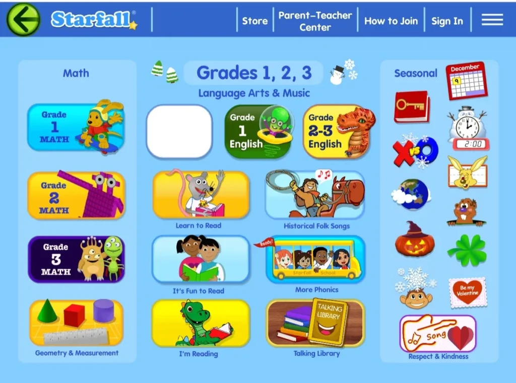 قسم الصفوف الأولى 1٫ 2٫ 3٫ في موقع Starfall 